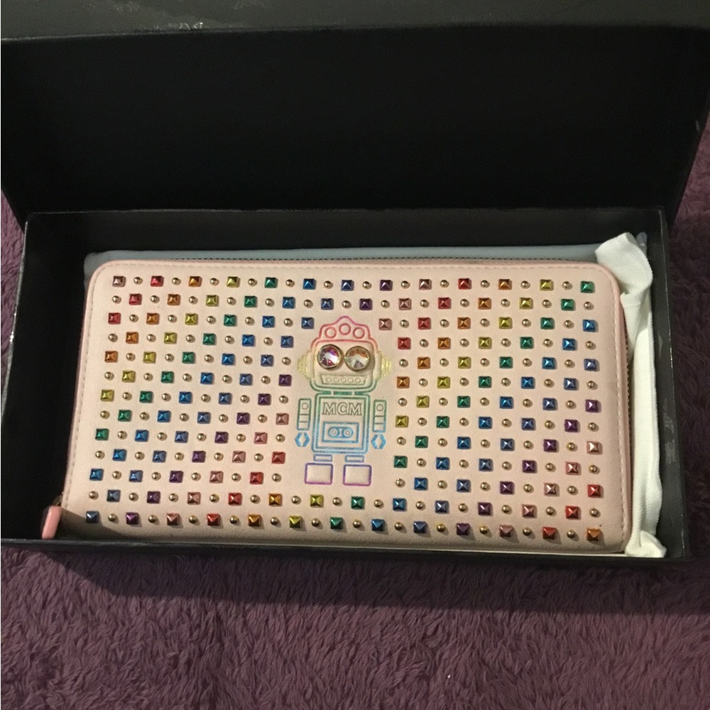 MCM Rainbow Studded Robot Pink Leather Full Size Zipper Wallet